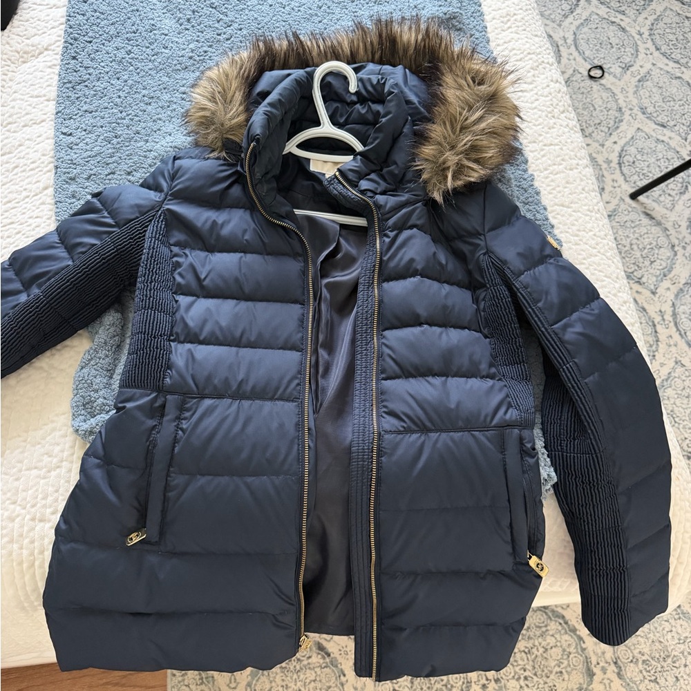 Michael Kors Navy Quilted Puffer Jacket with Faux Fur Hood